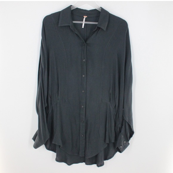 Free People Tops - Free People Tunic Button Down Dolman Sleeve Herringbone Size M Charcoal Grey